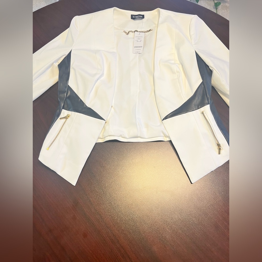 bebe White Blazer and Pants with Black Faux Leather Trim